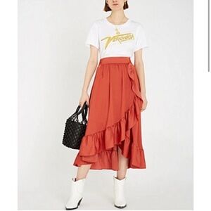 Maje Johno asymmetrical ruffled midi skirt : rust orange
